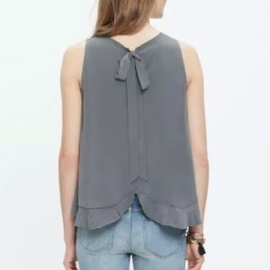 Madewell Silk Bow Pleated Tank, Gray, Size Small